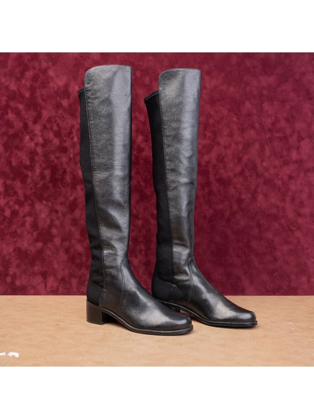 Stuart Weitzman Women Reserve Top Black Leather Back Stretch 5050 OTK Boots sz 5